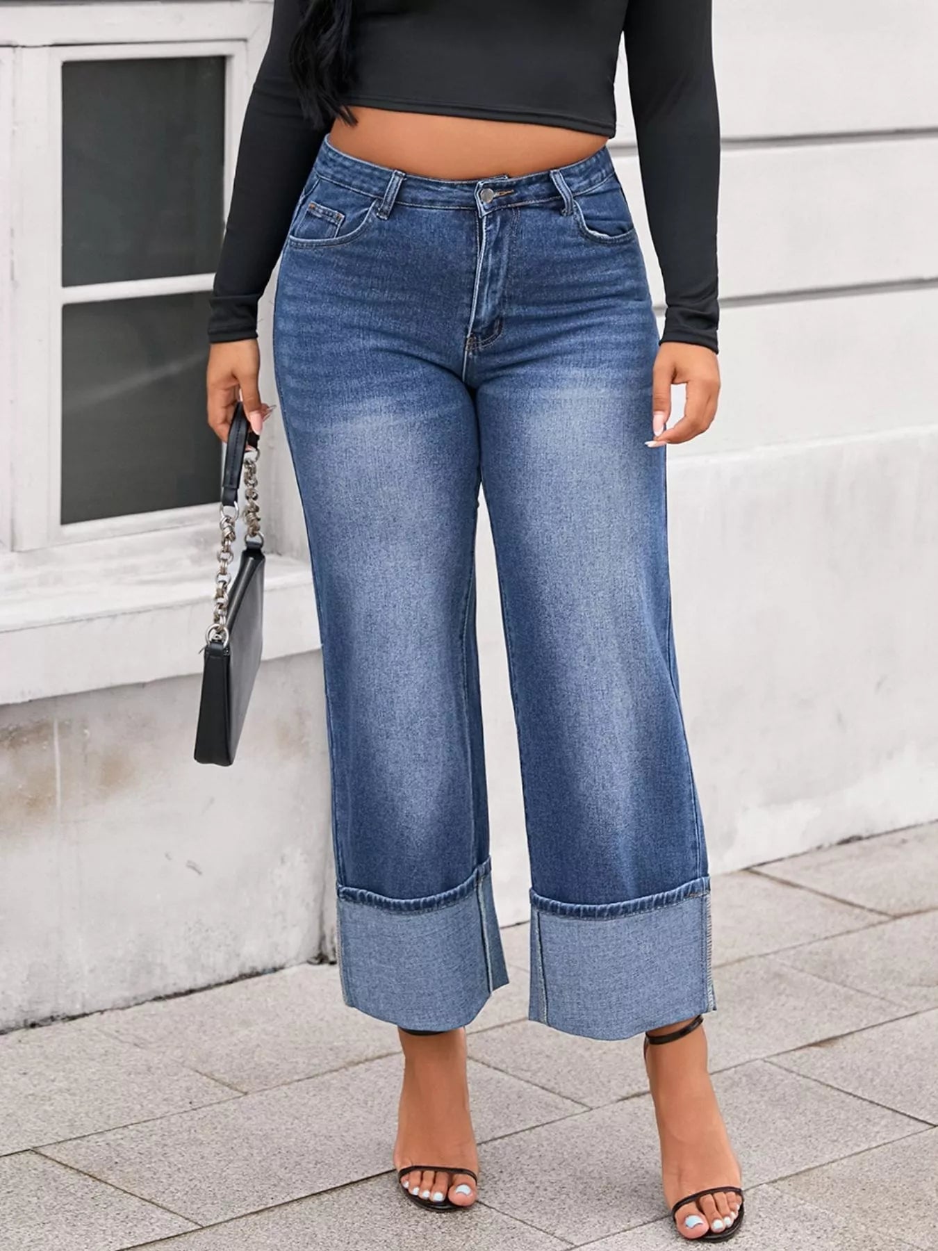 Plus Size High Waist Cuffed Wide Leg Jeans - Rochelle's House LLC