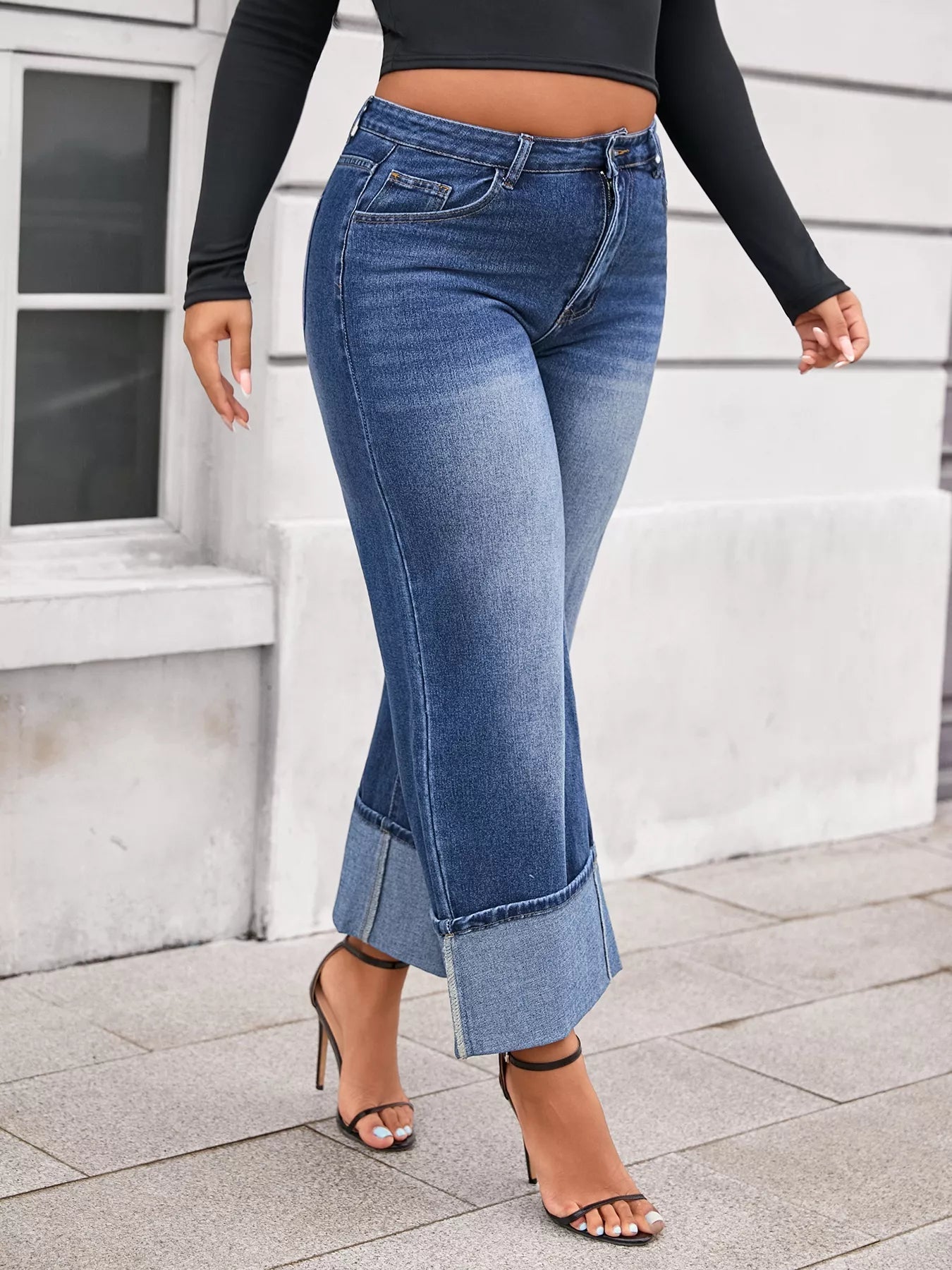 Plus Size High Waist Cuffed Wide Leg Jeans - Rochelle's House LLC