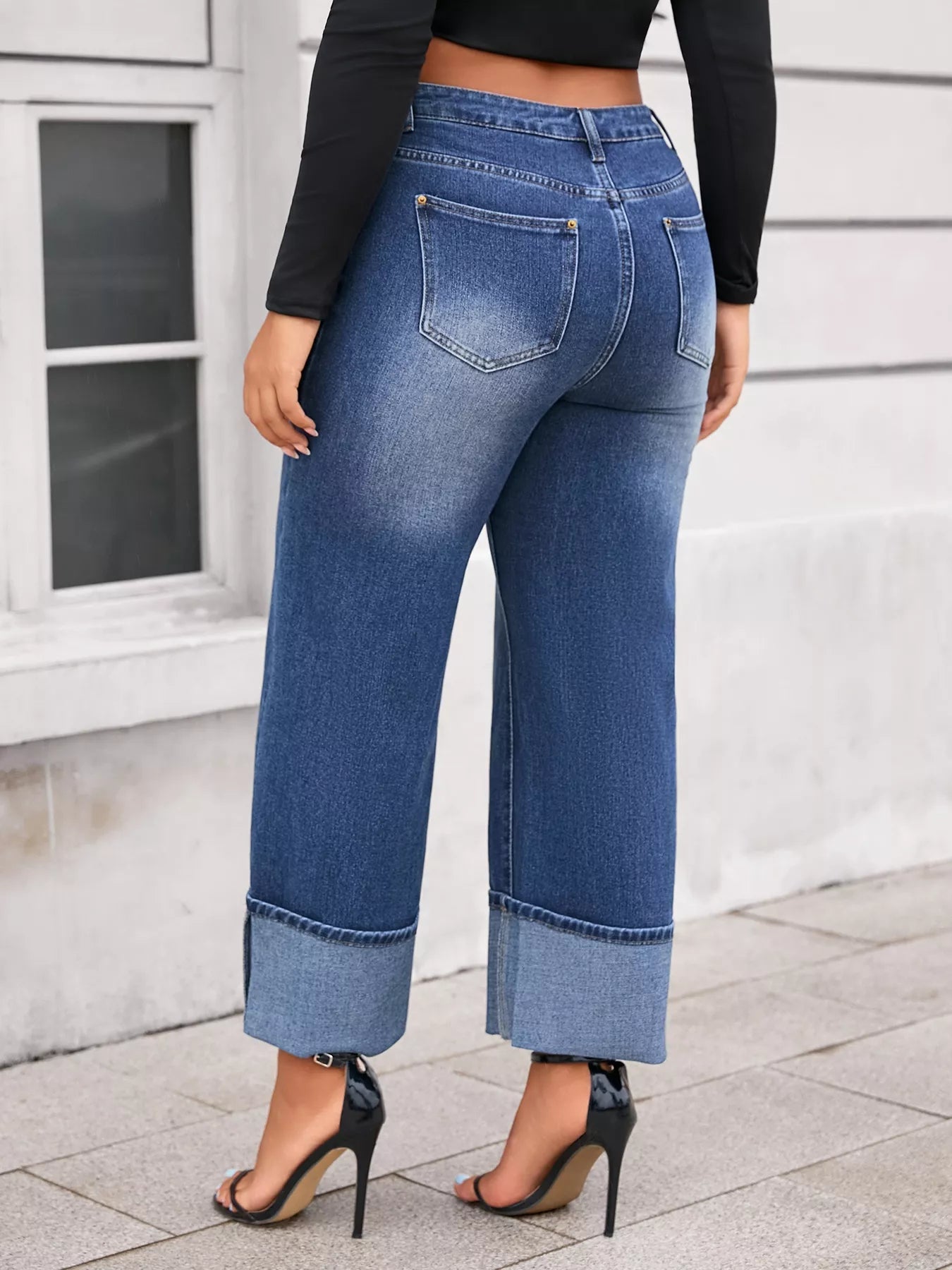 Plus Size High Waist Cuffed Wide Leg Jeans - Rochelle's House LLC