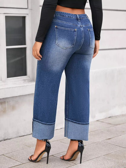 Plus Size High Waist Cuffed Wide Leg Jeans - Rochelle's House LLC