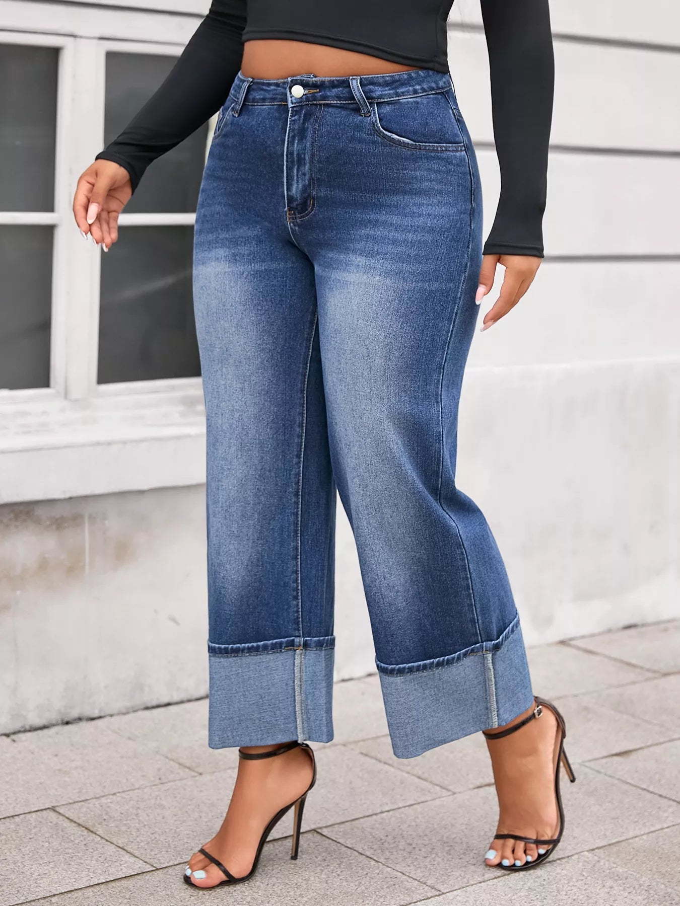 Plus Size High Waist Cuffed Wide Leg Jeans - Rochelle's House LLC