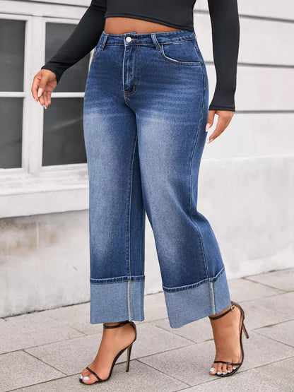 Plus Size High Waist Cuffed Wide Leg Jeans - Rochelle's House LLC