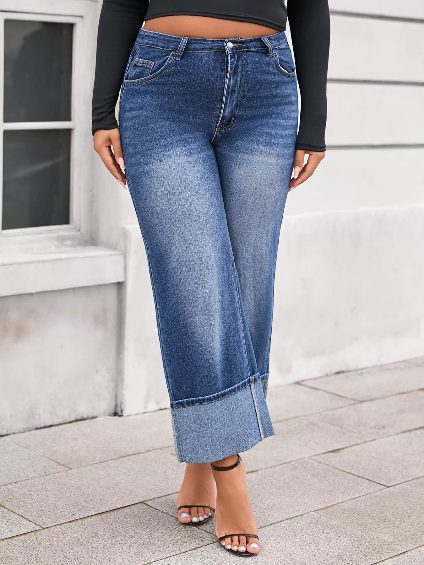 Plus Size High Waist Cuffed Wide Leg Jeans - Rochelle's House LLC