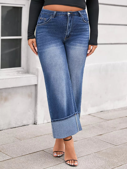 Plus Size High Waist Cuffed Wide Leg Jeans - Rochelle's House LLC
