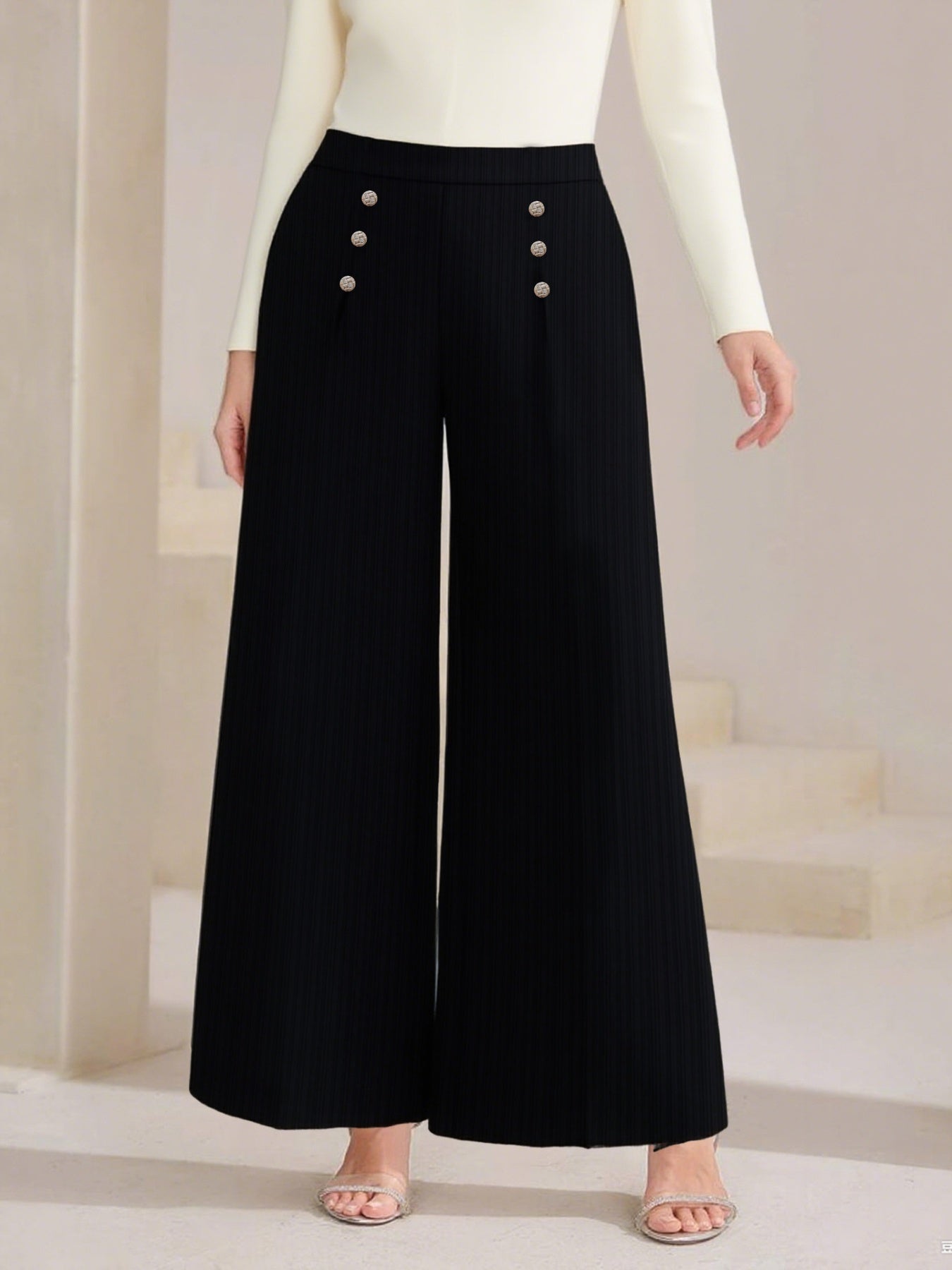 Plus Size High Waist Wide Leg Button Decor Pants - Rochelle's House LLC