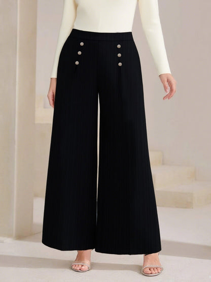 Plus Size High Waist Wide Leg Button Decor Pants - Rochelle's House LLC