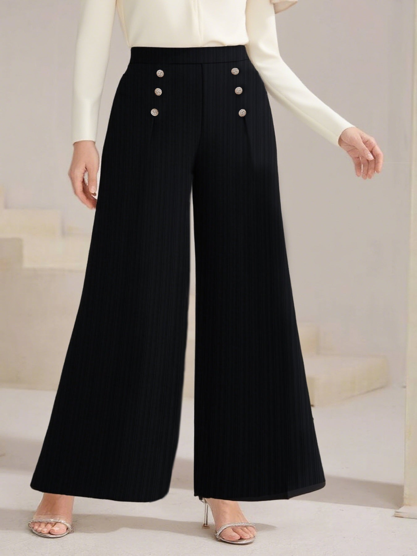 Plus Size High Waist Wide Leg Button Decor Pants - Rochelle's House LLC
