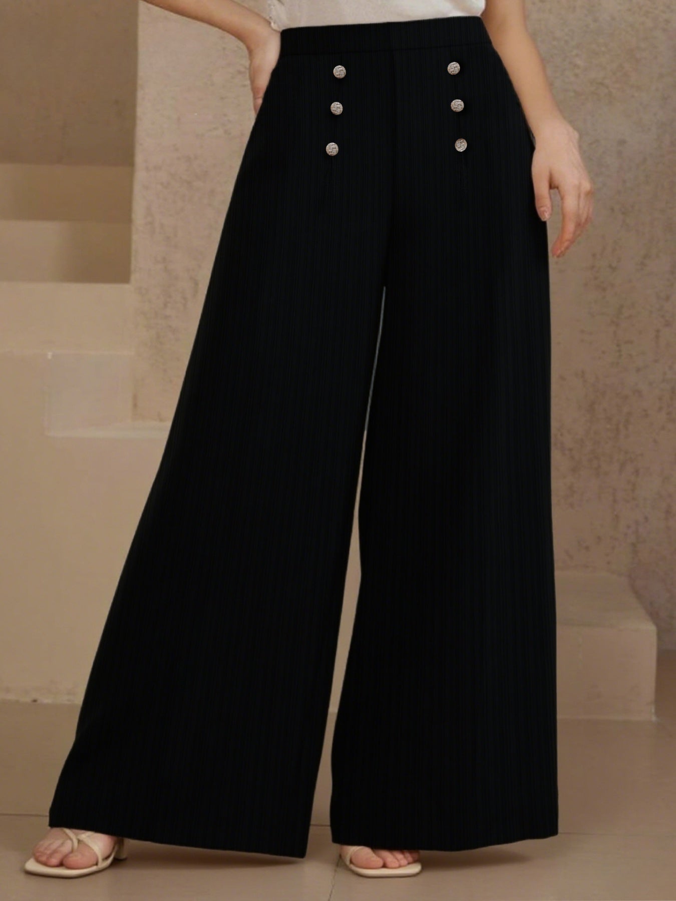 Plus Size High Waist Wide Leg Button Decor Pants - Rochelle's House LLC