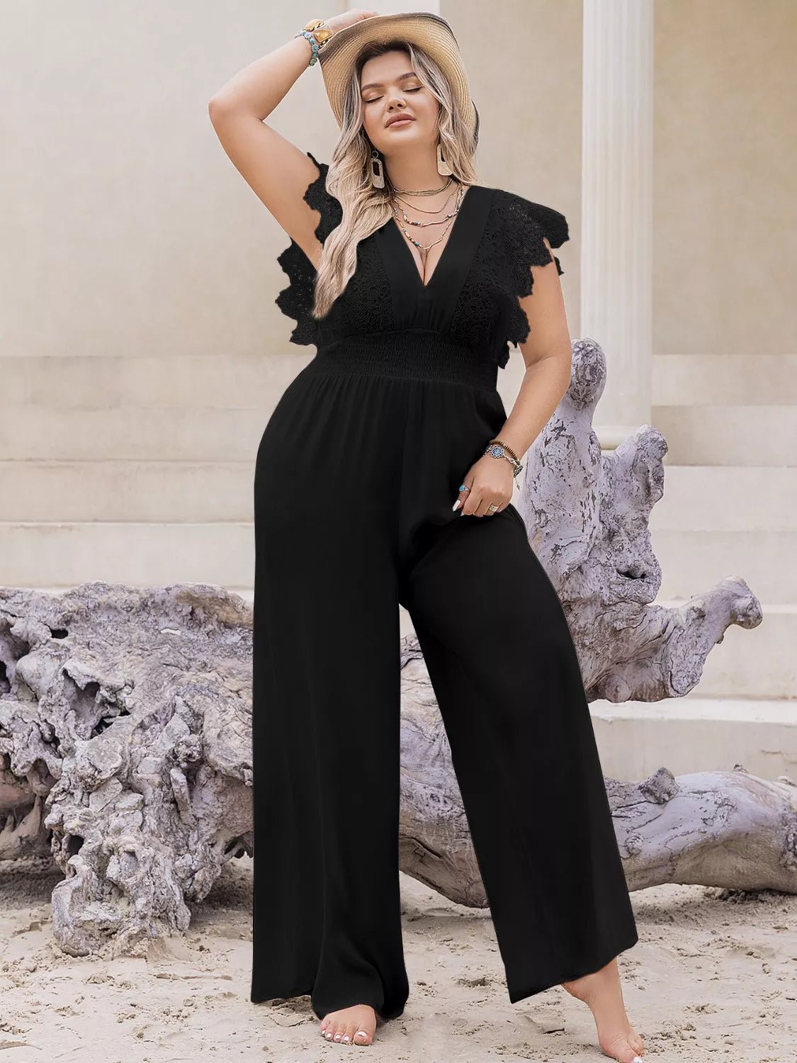 Plus Size Lace Cap Sleeve Wide Leg Jumpsuit - Rochelle's House LLC