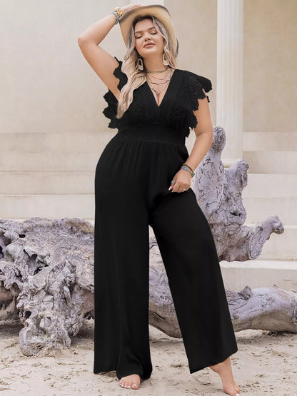 Plus Size Lace Cap Sleeve Wide Leg Jumpsuit - Rochelle's House LLC