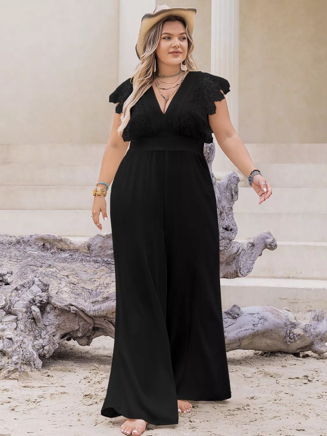 Plus Size Lace Cap Sleeve Wide Leg Jumpsuit - Rochelle's House LLC