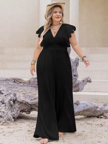 Plus Size Lace Cap Sleeve Wide Leg Jumpsuit - Rochelle's House LLC