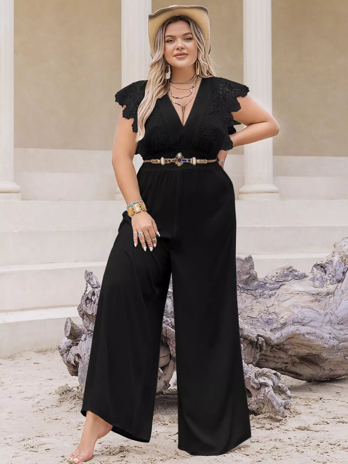 Plus Size Lace Cap Sleeve Wide Leg Jumpsuit - Rochelle's House LLC