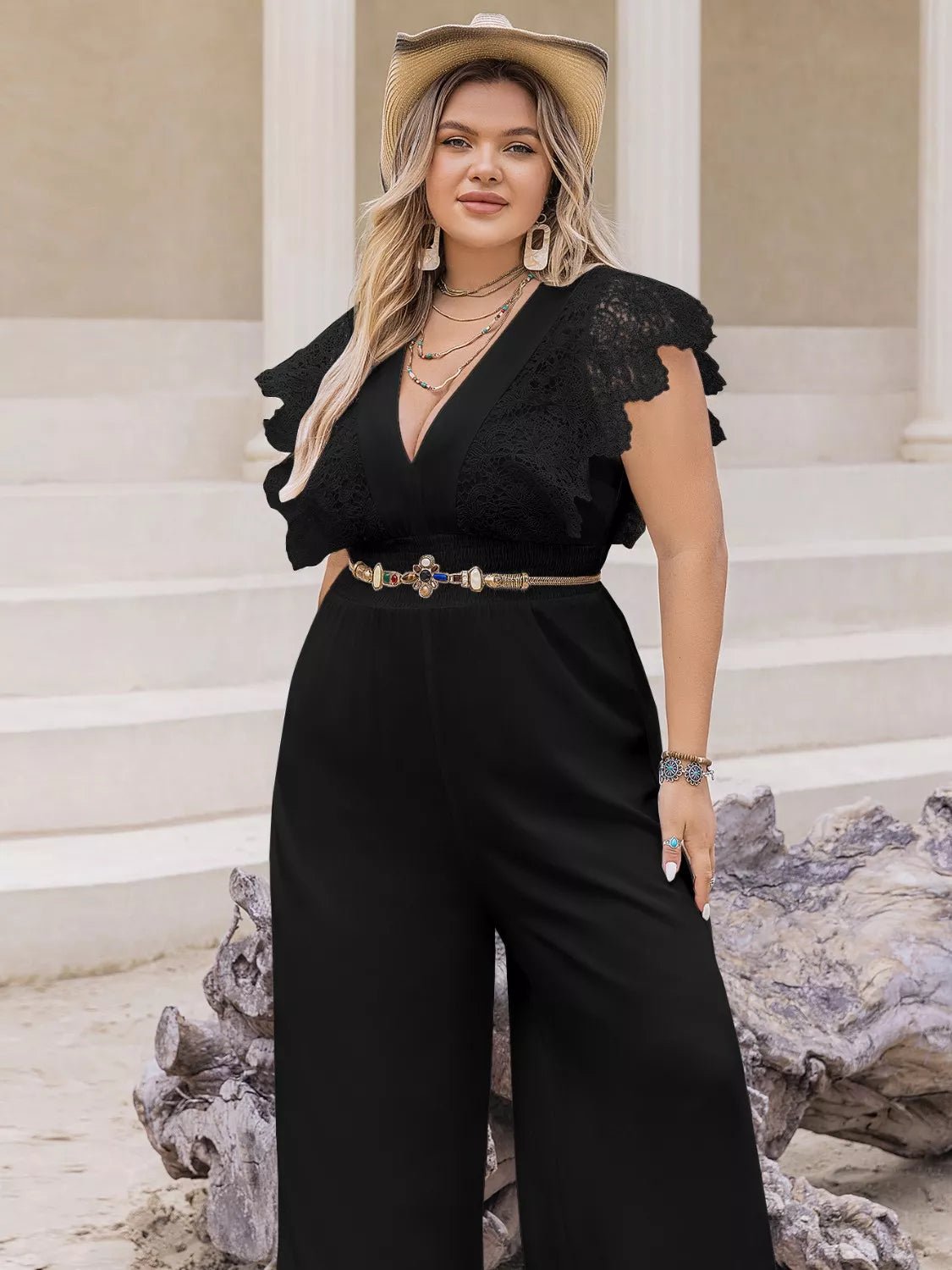 Plus Size Lace Cap Sleeve Wide Leg Jumpsuit - Rochelle's House LLC