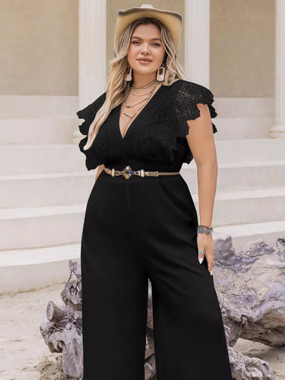 Plus Size Lace Cap Sleeve Wide Leg Jumpsuit - Rochelle's House LLC