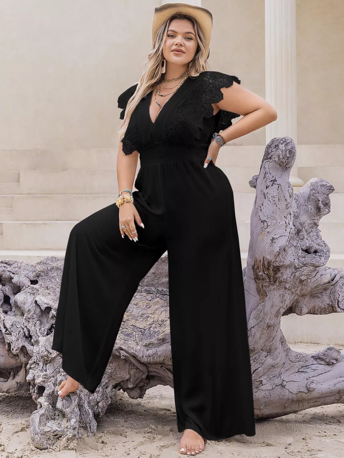 Plus Size Lace Cap Sleeve Wide Leg Jumpsuit - Rochelle's House LLC