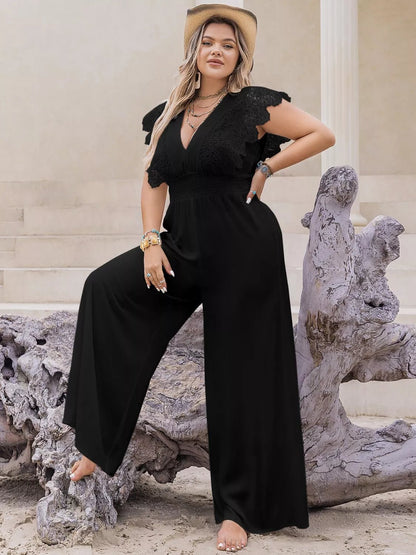 Plus Size Lace Cap Sleeve Wide Leg Jumpsuit - Rochelle's House LLC
