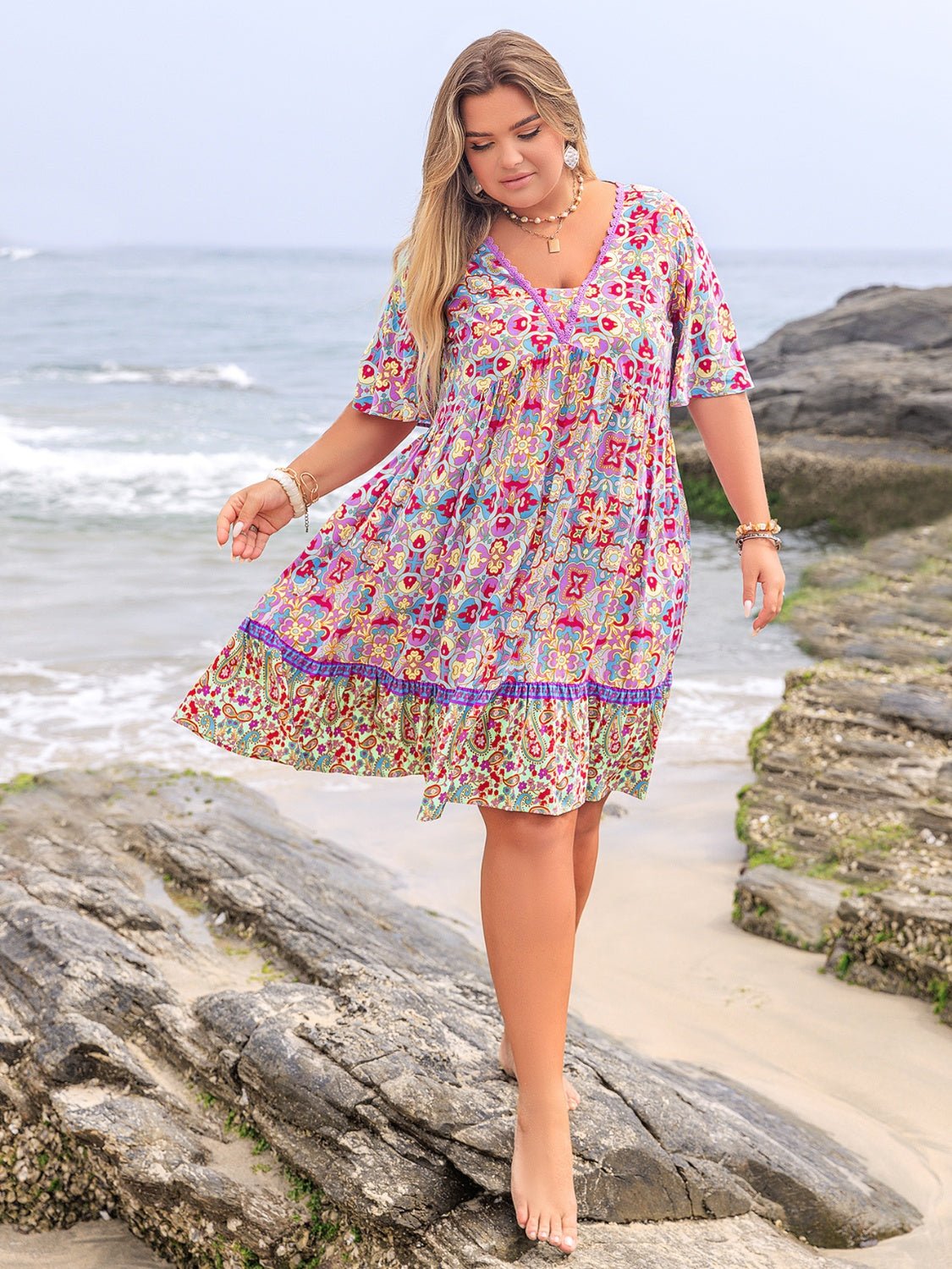 Plus Size Lace Detail Printed Half Sleeve Dress - Rochelle's House LLC
