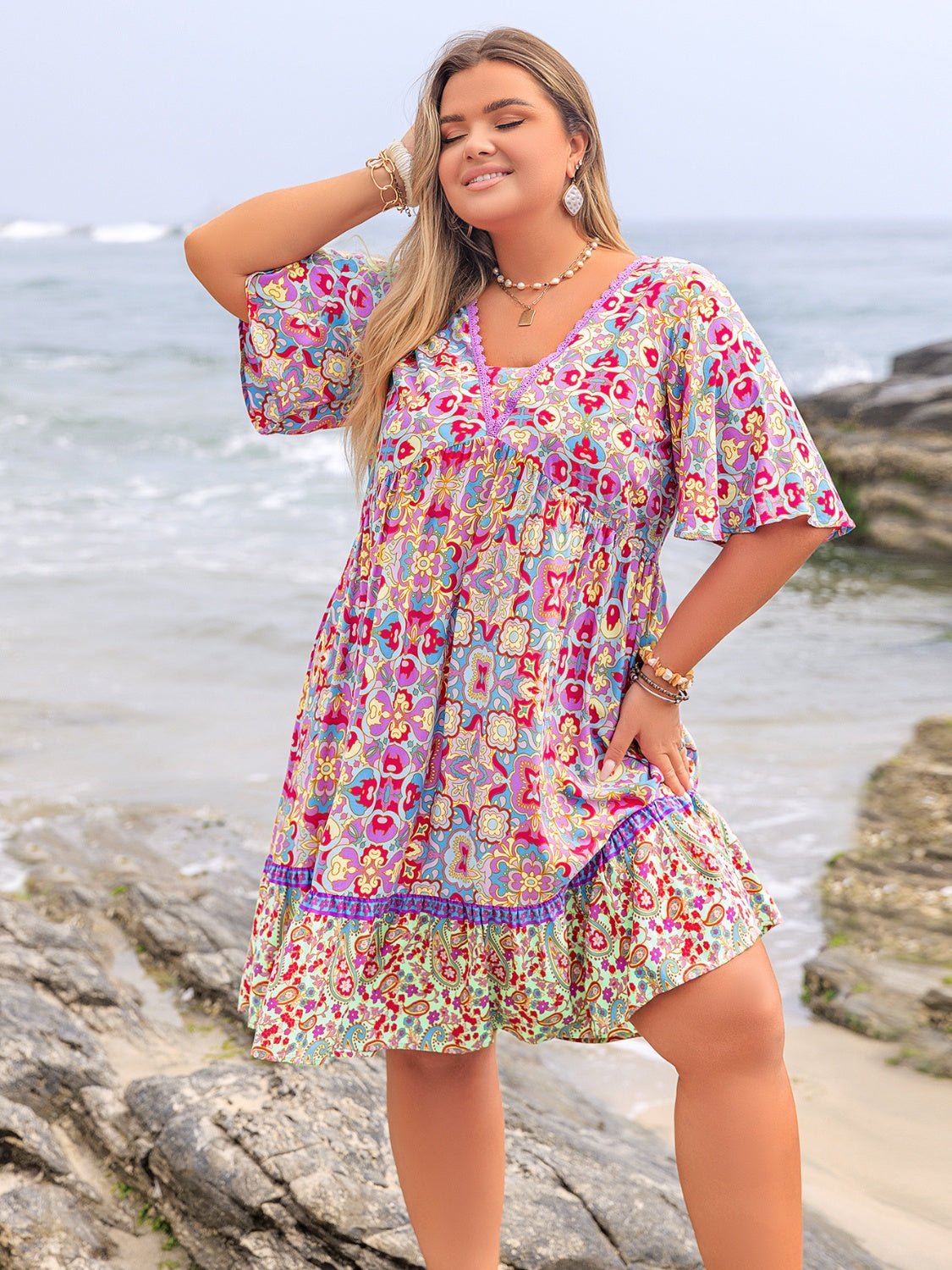 Plus Size Lace Detail Printed Half Sleeve Dress - Rochelle's House LLC