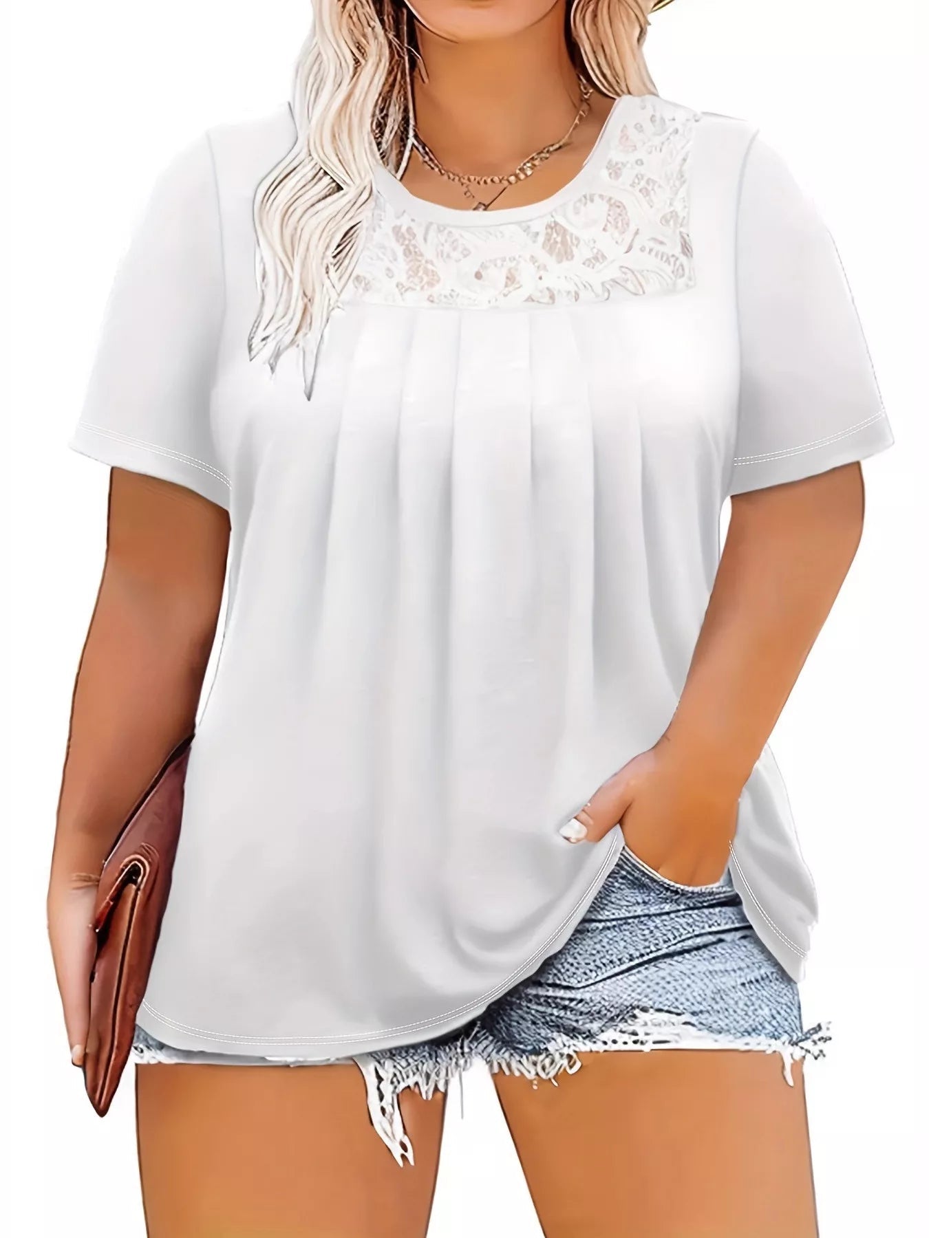 Plus Size Lace Detail Short Sleeve Top - Rochelle's House LLC