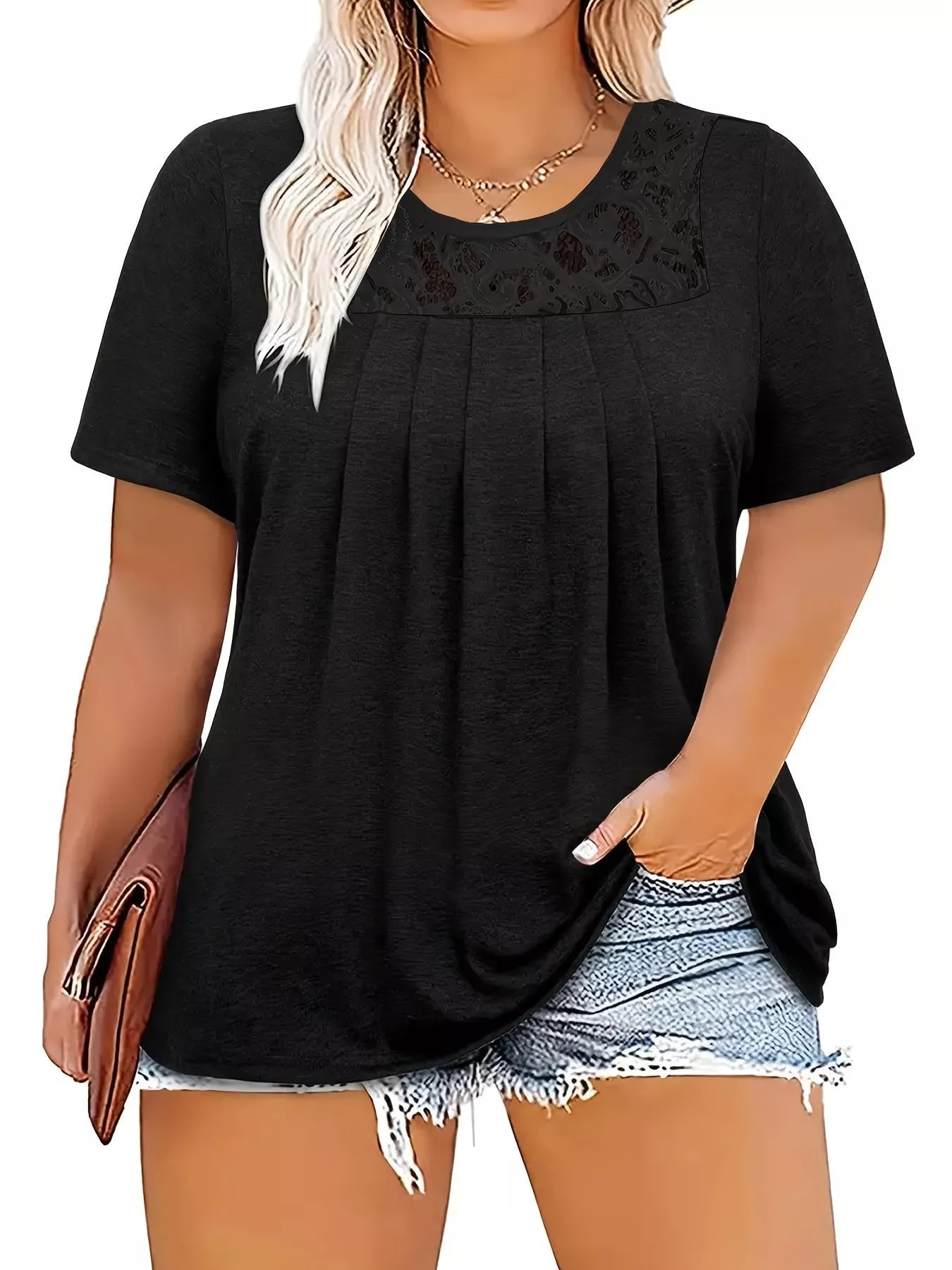 Plus Size Lace Detail Short Sleeve Top - Rochelle's House LLC