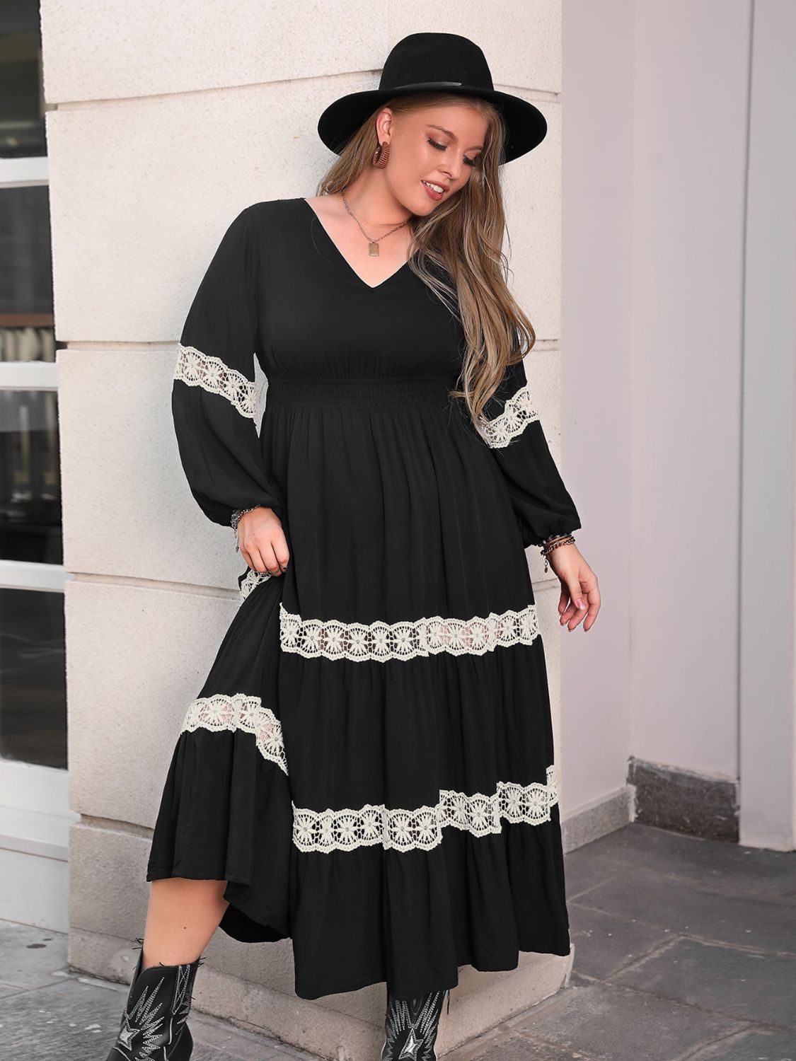 Front view of Plus Size Lace Detail V-Neck Long Sleeve Midi Dress in Black showing neckline and sleeve details