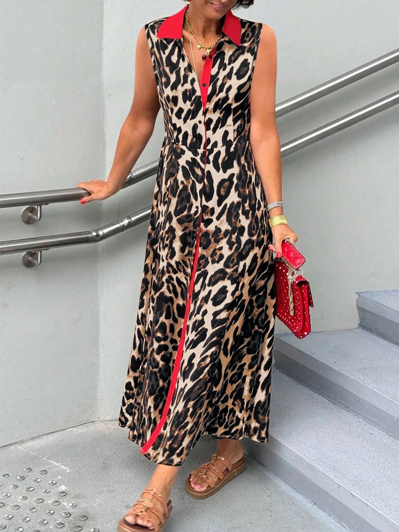 Front view of Plus Size Leopard Print Sleeveless Maxi Dress in Leopard showing neckline and sleeve details