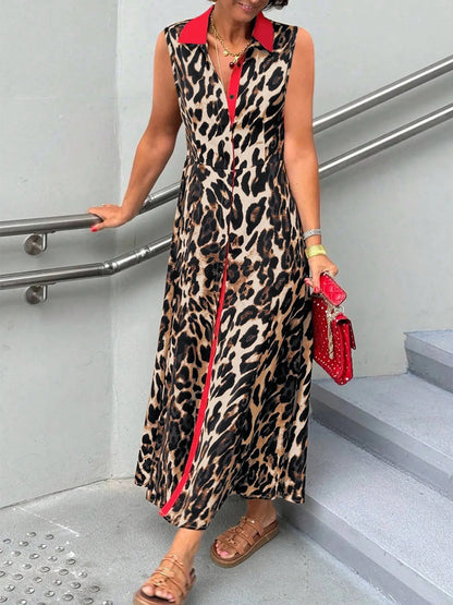 Front view of Plus Size Leopard Print Sleeveless Maxi Dress in Leopard showing neckline and sleeve details