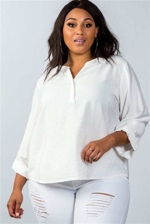 Front view of Plus Size Oatmeal Stand-up Collar Roll Tab Sleeve Blouse showing neckline and sleeve details (spandex)