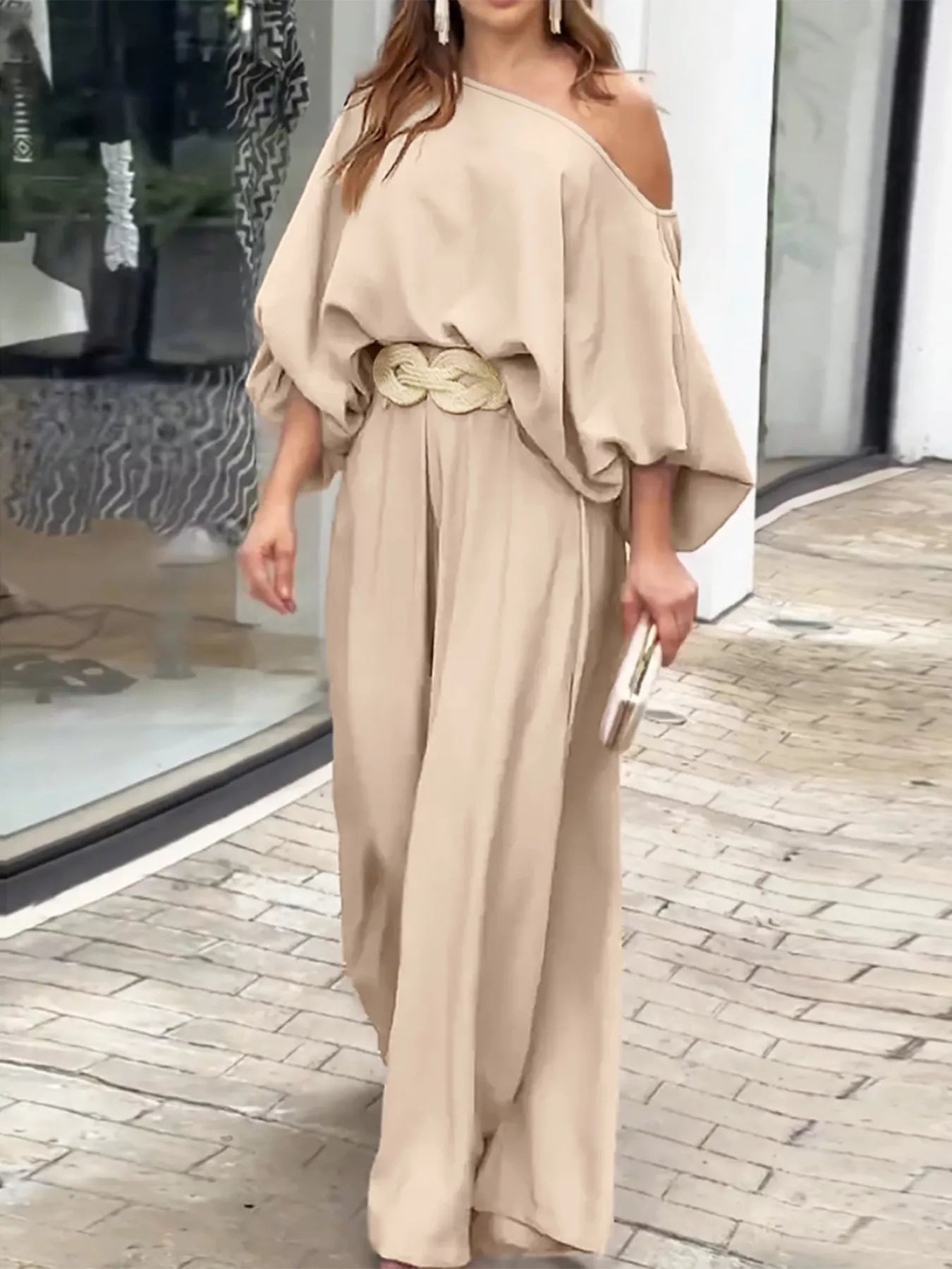 Plus Size One - Shoulder Top and Wide Leg Pants Set - Rochelle's House LLC