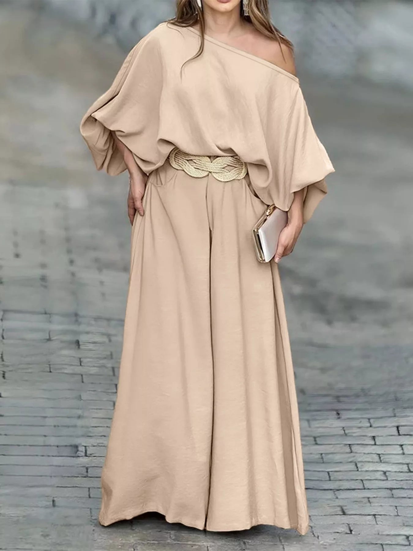 Plus Size One - Shoulder Top and Wide Leg Pants Set - Rochelle's House LLC