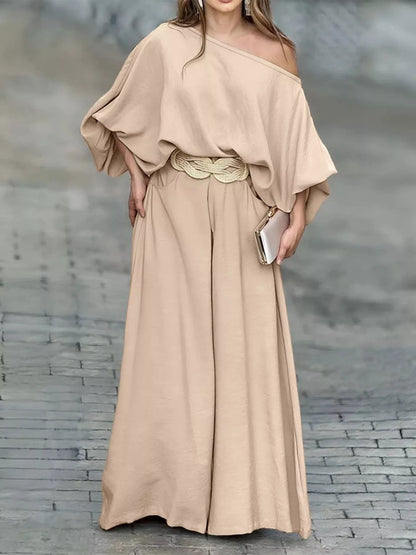 Plus Size One - Shoulder Top and Wide Leg Pants Set - Rochelle's House LLC