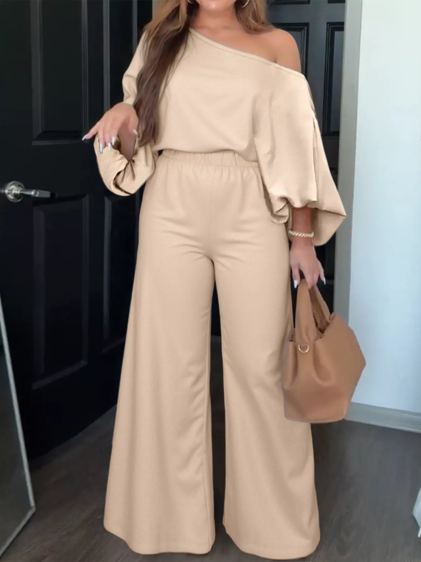 Plus Size One - Shoulder Top and Wide Leg Pants Set - Rochelle's House LLC