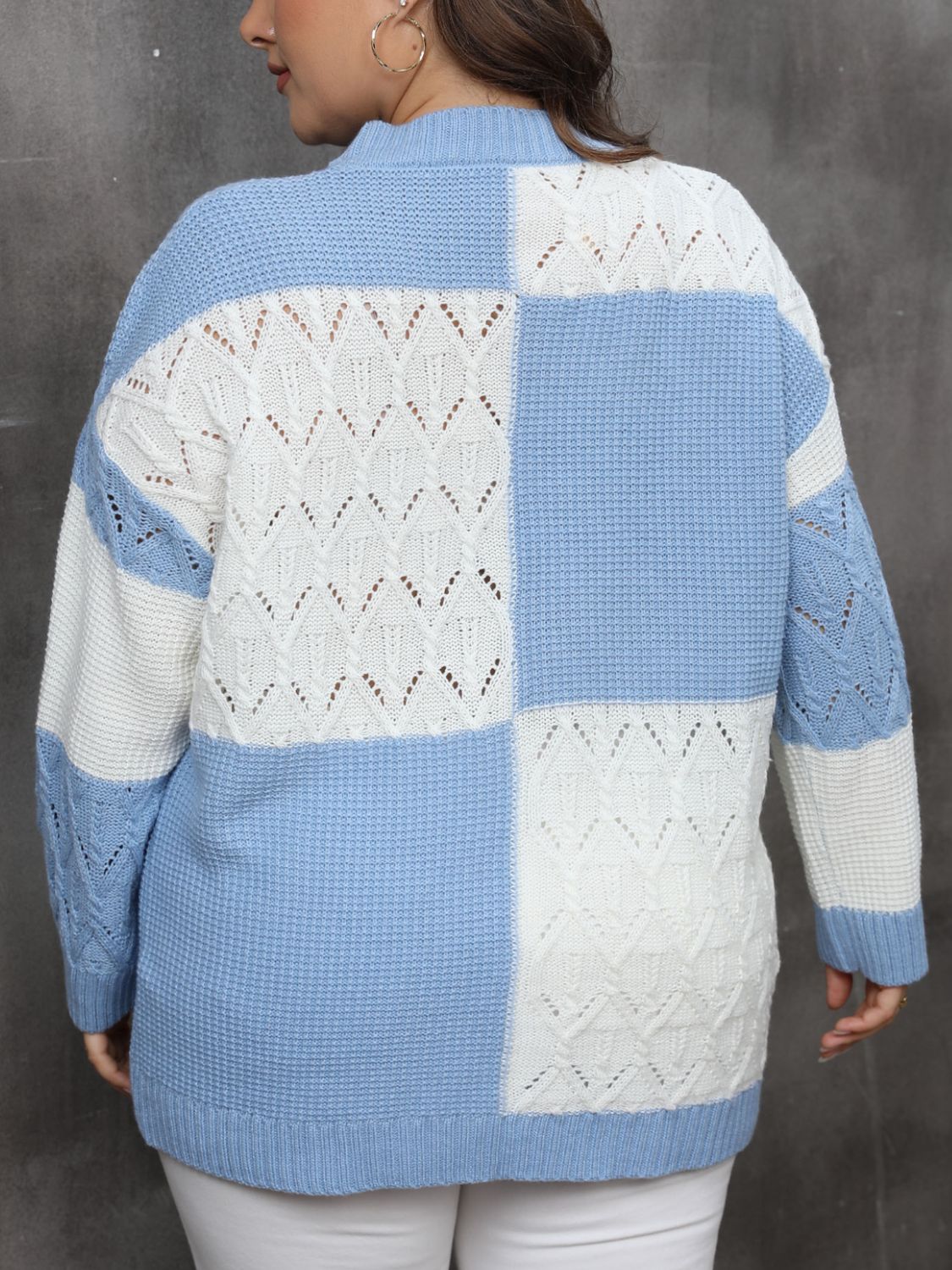 Plus Size Openwork Color Block Long Sleeve Sweater - Rochelle's House LLC