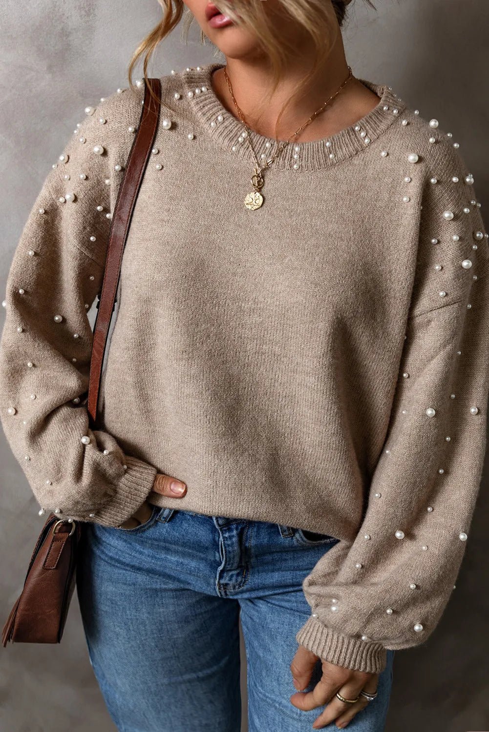 Front view of Plus Size Pearl Detail Round Neck Long Sleeve Sweater in Dust Storm showing neckline and sleeve details