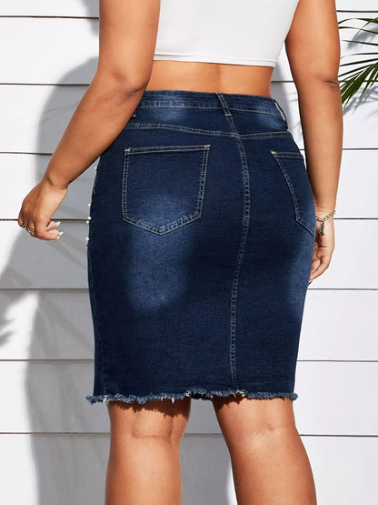 Plus Size Pearl Embellished Frayed Hem Denim Skirt - Rochelle's House LLC