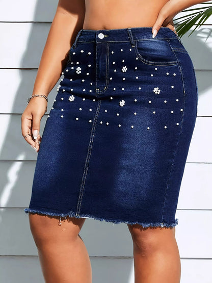 Plus Size Pearl Embellished Frayed Hem Denim Skirt - Rochelle's House LLC