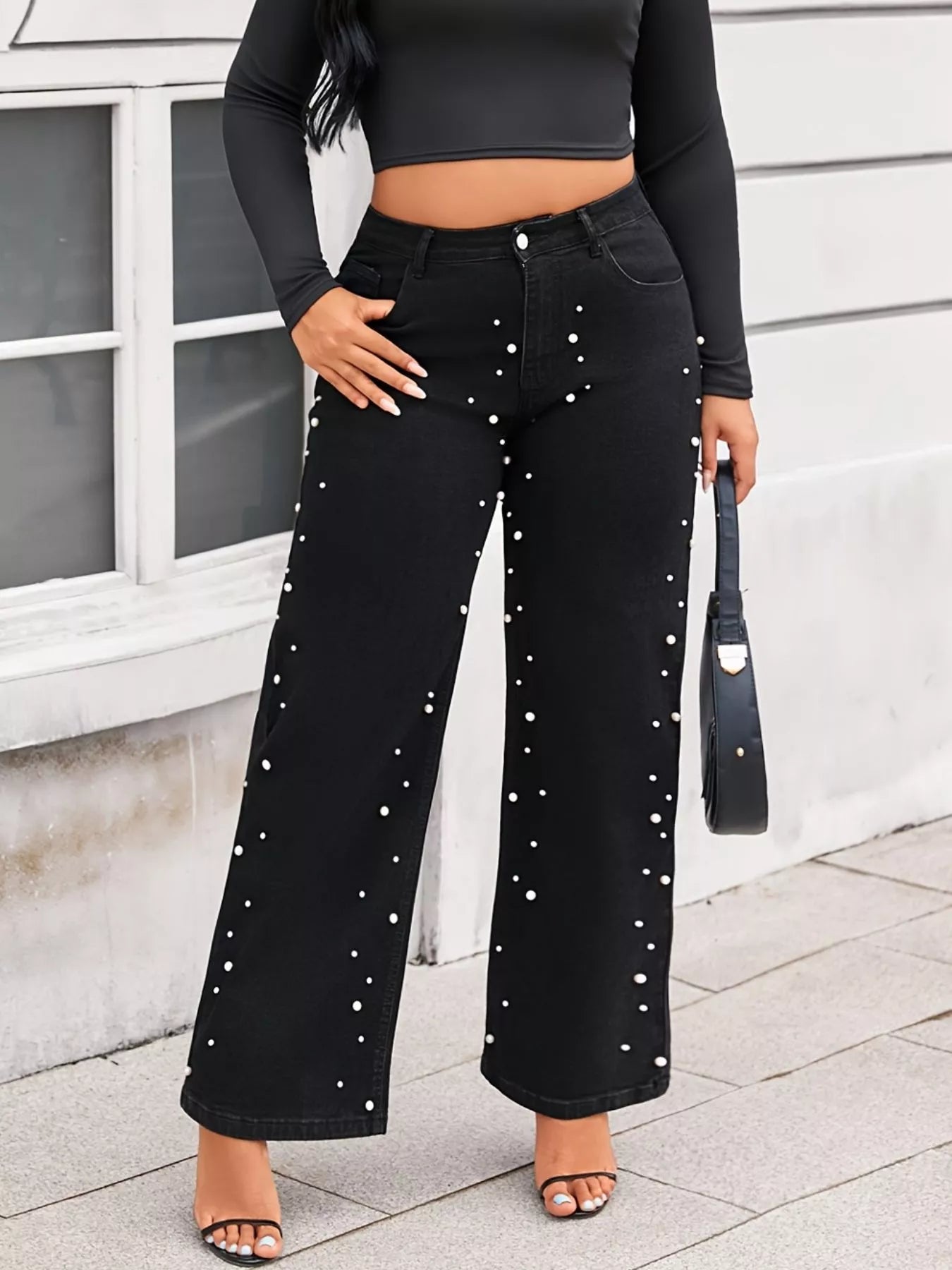 Plus Size Pearl Embellished Wide Leg Jeans - Rochelle's House LLC