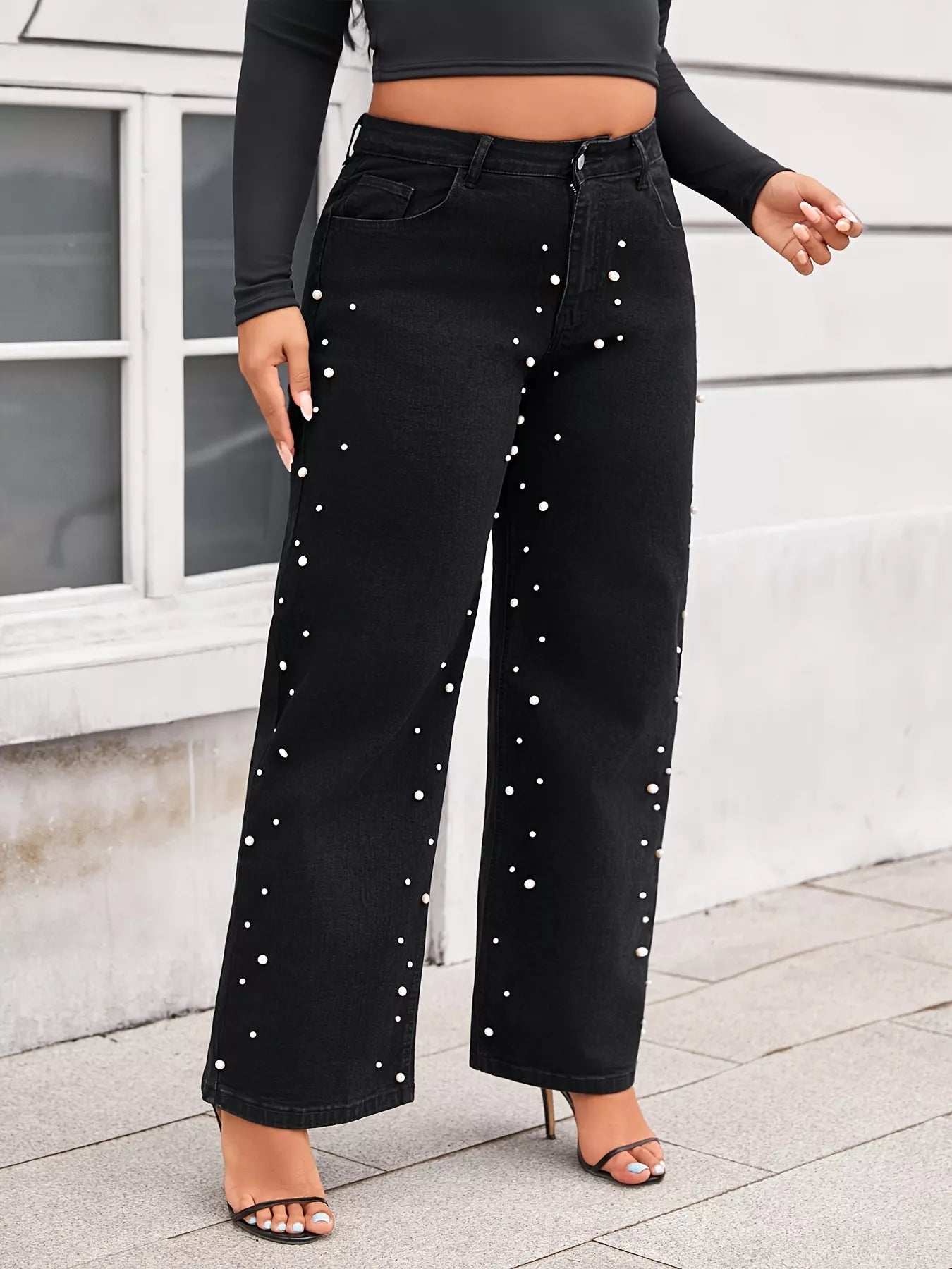 Plus Size Pearl Embellished Wide Leg Jeans - Rochelle's House LLC