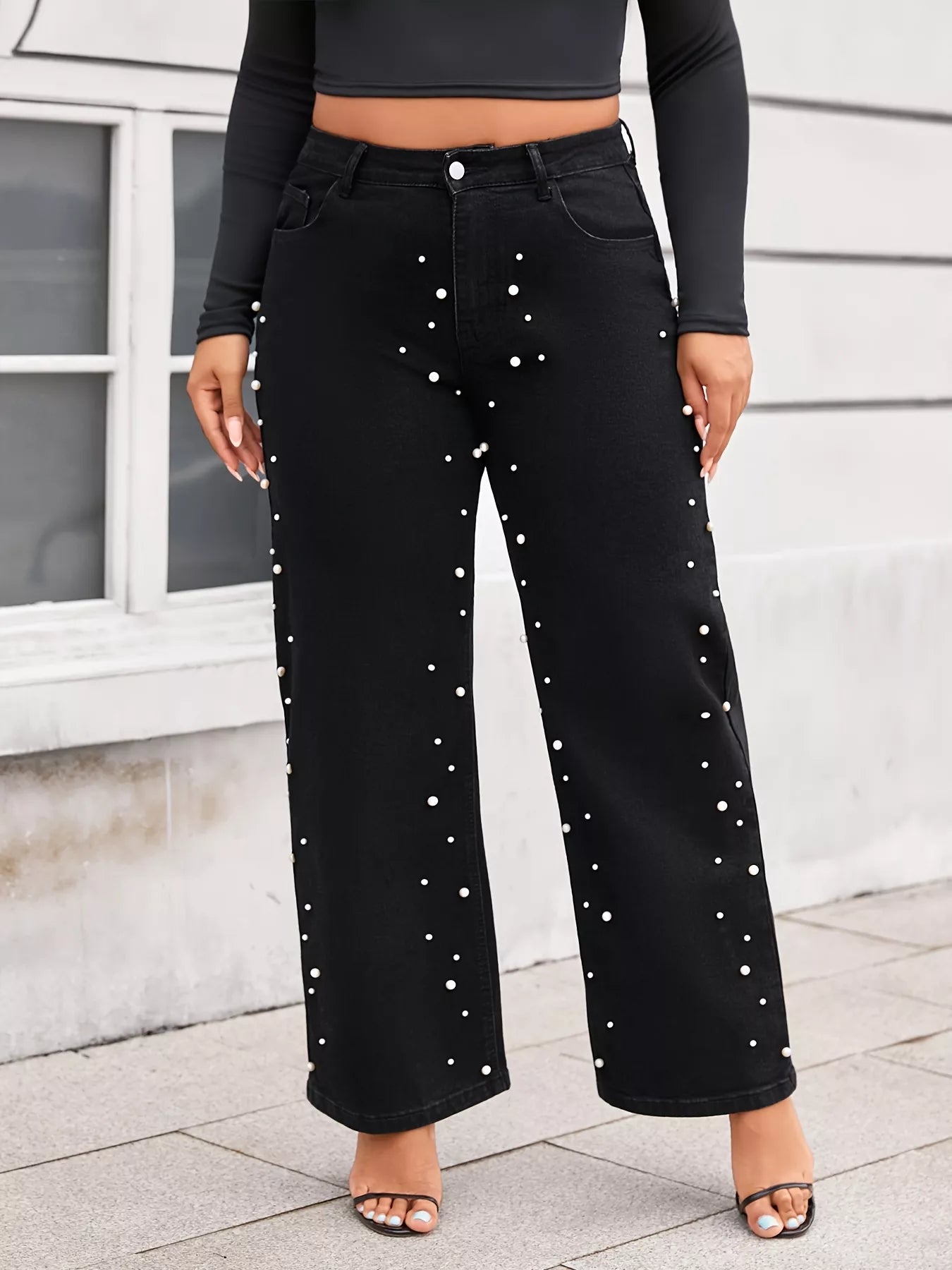 Plus Size Pearl Embellished Wide Leg Jeans - Rochelle's House LLC