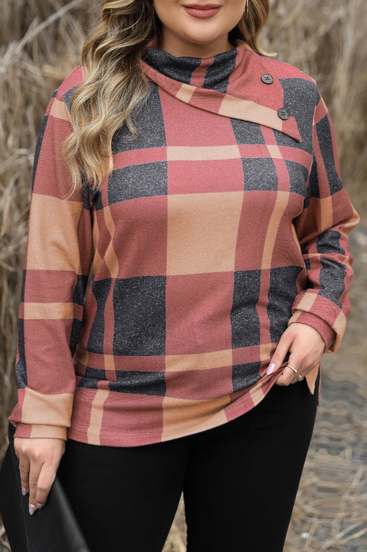 Front view of Plus Size Plaid Cowl Neck Long Sleeve Sweatshirt in Plaid showing neckline and sleeve details