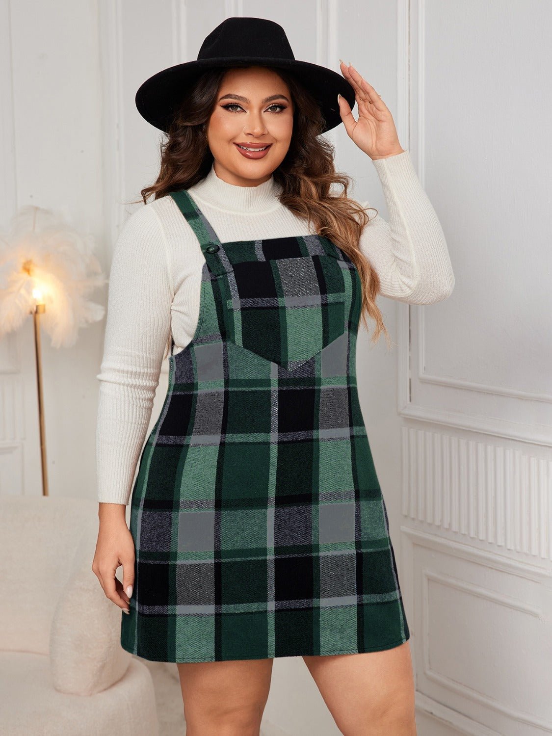 Plus Size Plaid Wide Strap Overall Dress - Rochelle's House LLC