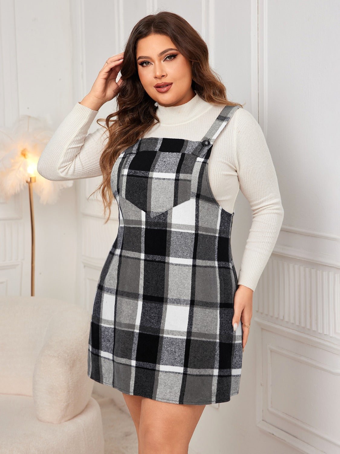 Plus Size Plaid Wide Strap Overall Dress - Rochelle's House LLC