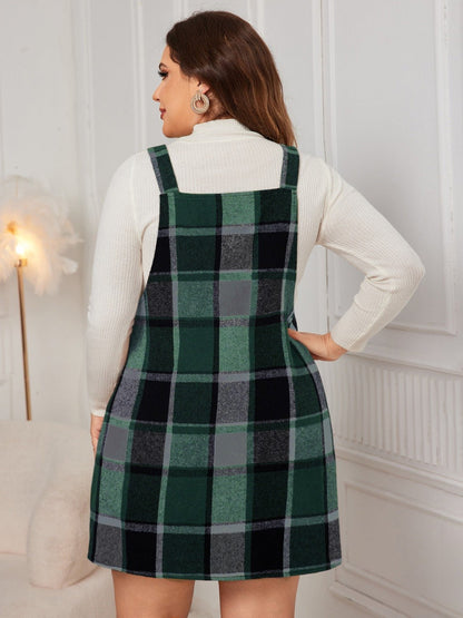 Plus Size Plaid Wide Strap Overall Dress - Rochelle's House LLC
