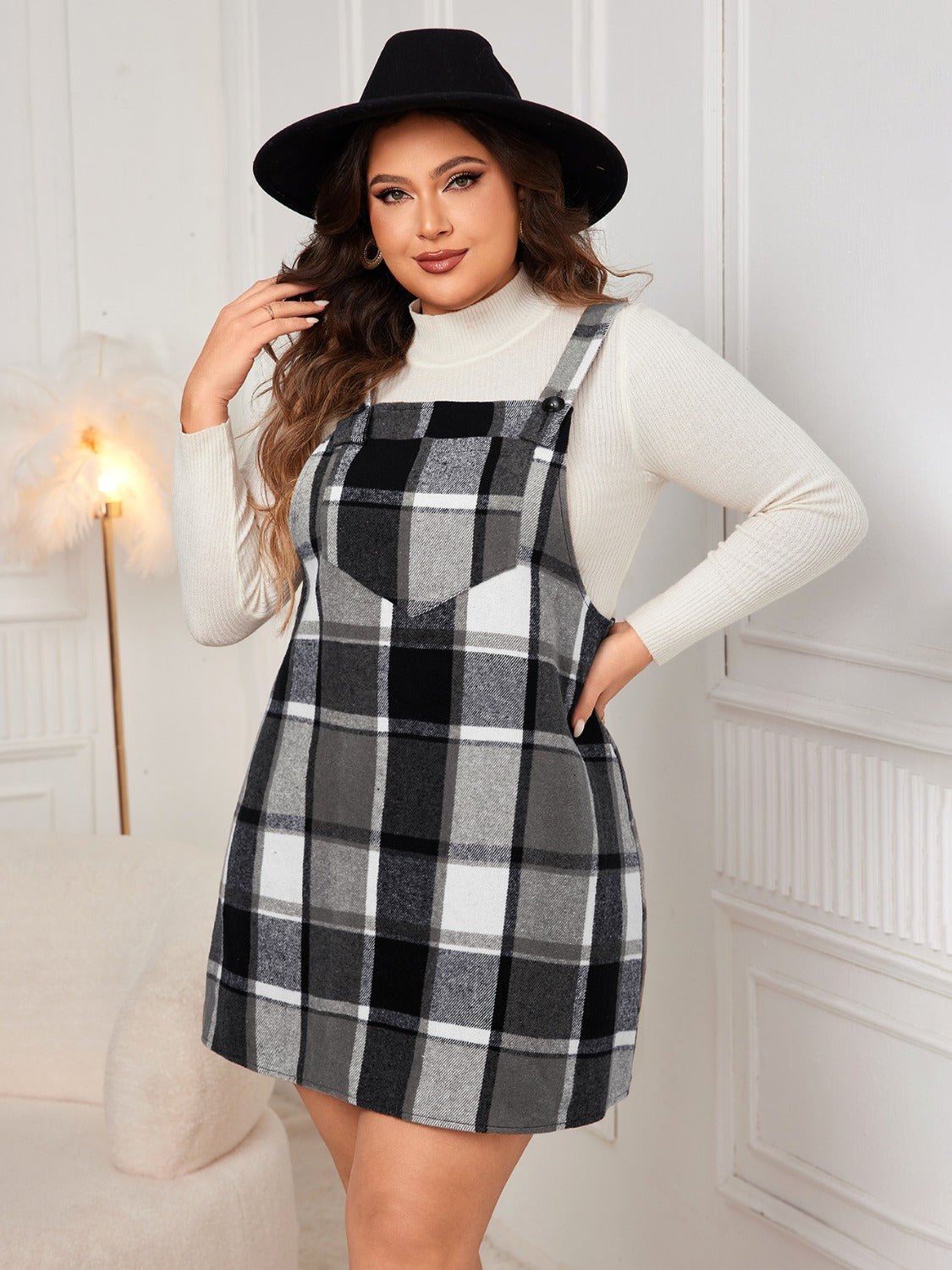 Plus Size Plaid Wide Strap Overall Dress - Rochelle's House LLC