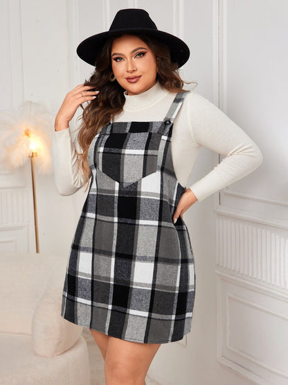 Plus Size Plaid Wide Strap Overall Dress - Rochelle's House LLC