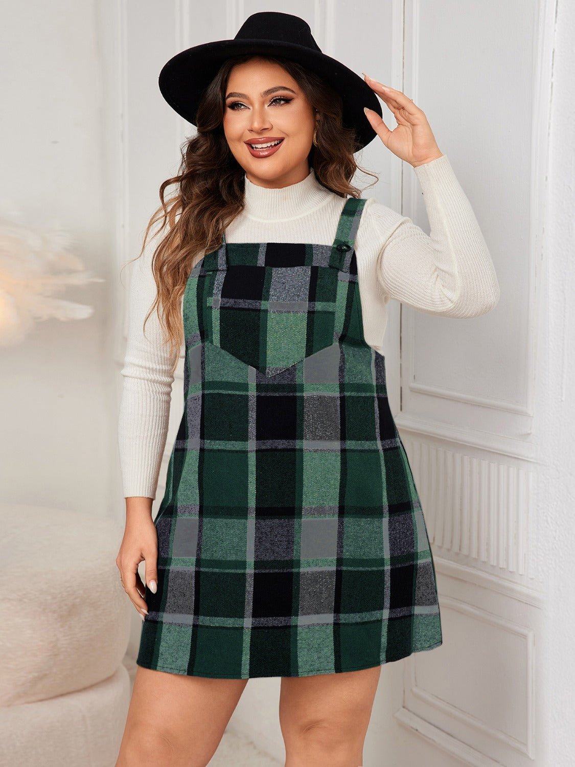 Plus Size Plaid Wide Strap Overall Dress - Rochelle's House LLC