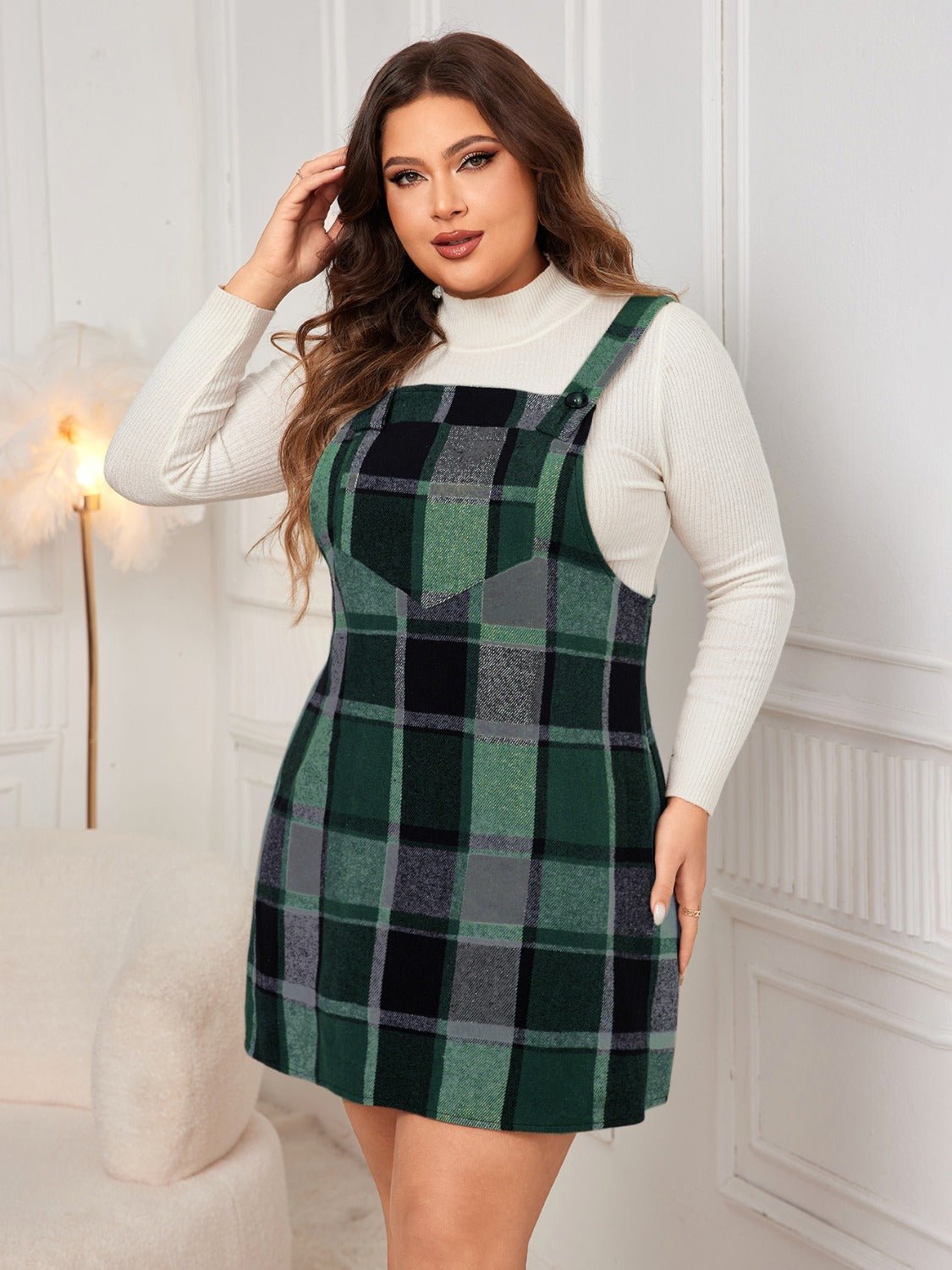 Plus Size Plaid Wide Strap Overall Dress - Rochelle's House LLC