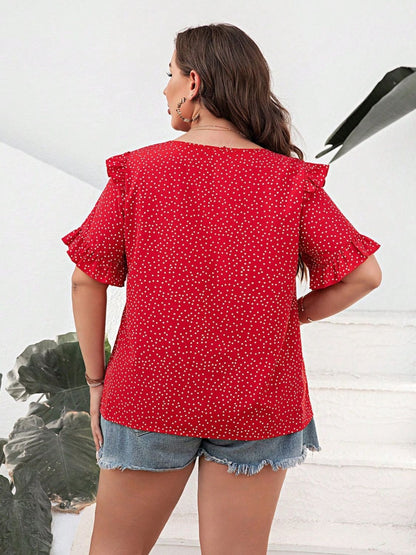 Plus Size Polka Dot Notched Flounce Sleeve Blouse - Rochelle's House LLC