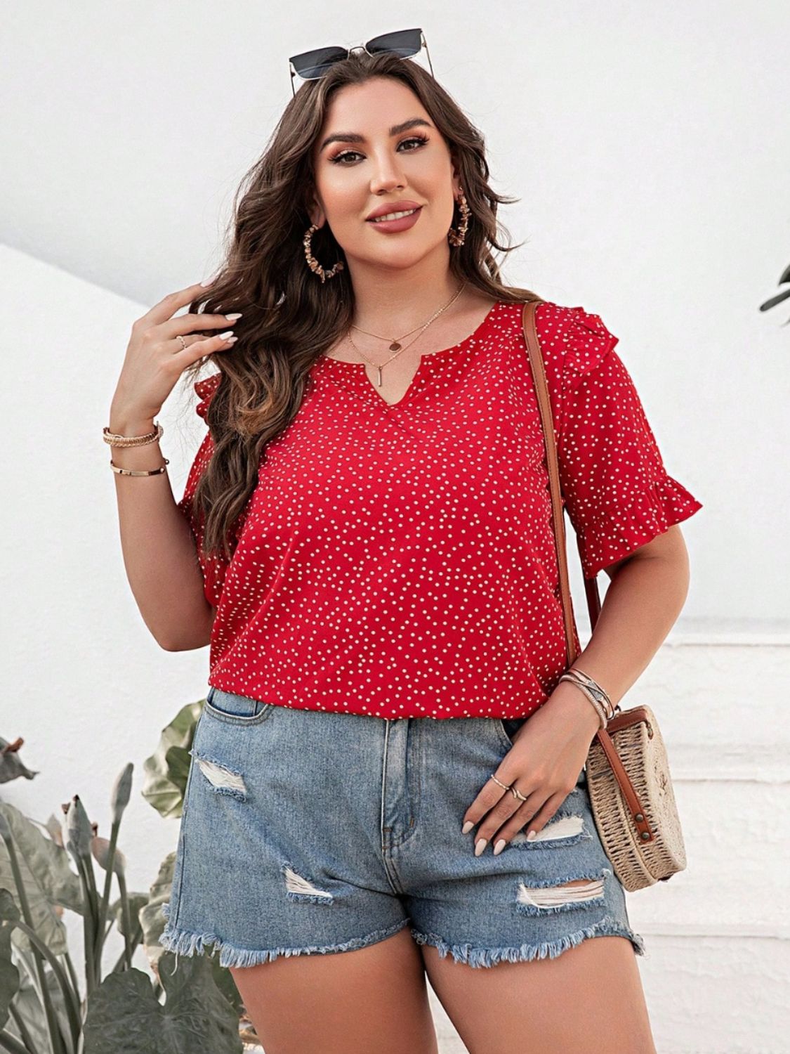 Plus Size Polka Dot Notched Flounce Sleeve Blouse - Rochelle's House LLC